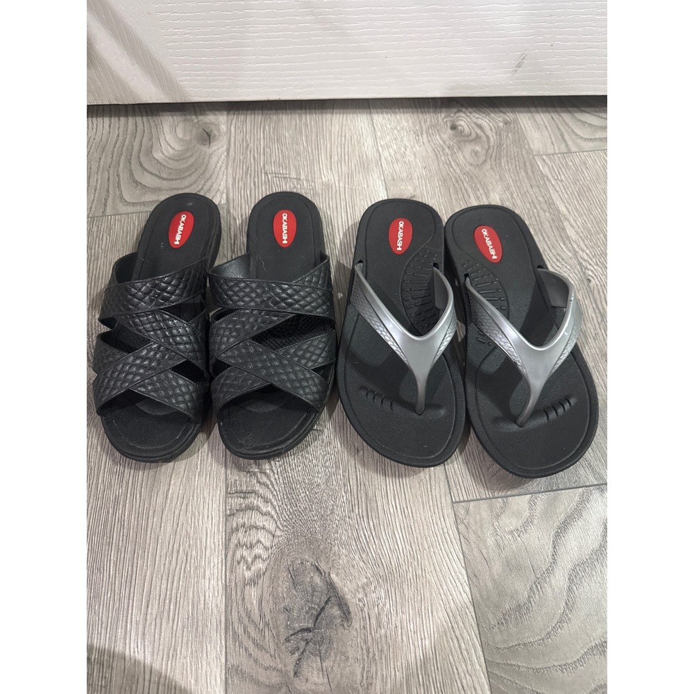 Okabashi 2 Pairs Women Sandals Slides Flip Flops Black Silver Size 6.5/7.5 Med